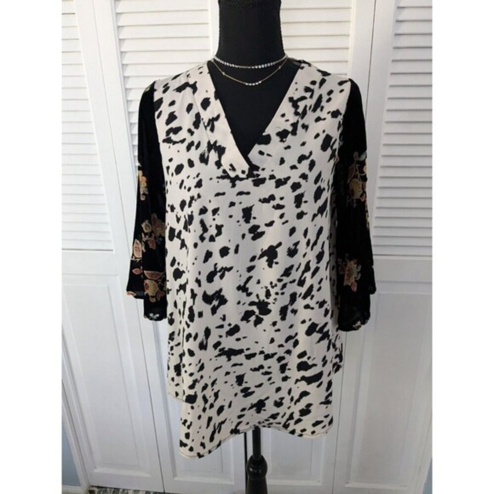 Grace & Emma Top Women's S Cow Print Velvet Floral Burn Out Sleeve Western Boho